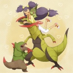 1:1 axew dragon female feral fraxure generation_5_pokemon group gym_leader haxorus heart_symbol human iris_(pokemon) low_res mammal mythological_creature mythological_scalie mythology nintendo pokemon pokemon_(species) pokemon_champion pokemon_trainer scalie simple_background tail tan_background unknown_artist