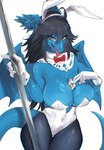 anthro black_hair blue_body bow_tie breasts brown_eyes bunny_costume card cleavage clothed clothing costume female gloves hair handwear leggings legwear looking_at_viewer pole solo tongue tongue_out white_clothing white_gloves white_handwear wings jvdragoon rinniwolf balatro mythology jv dragon mythological_creature mythological_scalie scalie
