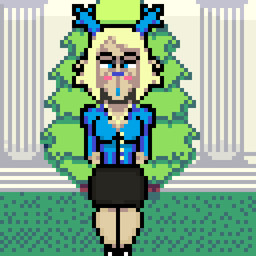anthro antlers blonde_hair blue_antlers blue_clothing blue_eyes blue_lipstick blue_shirt blue_topwear blush bottomwear breasts clothed clothing female grass hair horn lipstick makeup mature_female plant shirt skirt solo topwear tree randomfun deltarune undertale_(series) carol_holiday deer mammal new_world_deer reindeer 1:1 2026 digital_media_(artwork) pixel_(artwork)
