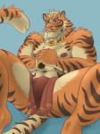 5_fingers anthro blue_eyes bottomwear brown_body brown_fur brown_pawpads brown_stripes bulge clothed clothing countershading fingers fur jewelry loincloth male markings multicolored_body multicolored_fur navel necklace nipples orange_body orange_fur pawpads scar solo spread_legs spreading striped_body striped_fur striped_markings striped_tail stripes tail tail_markings topless possumpecker nekojishi studio_klondike lin_hu felid mammal pantherine tiger 3:4 hi_res