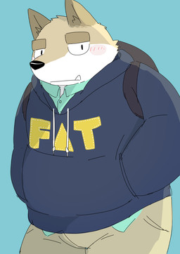 anthro black_nose blue_background blush bottomwear brown_body clothing cute_fangs fangs hoodie kemono male overweight overweight_male pants simple_background solo teeth text text_on_clothing text_on_hoodie text_on_topwear topwear och5 fat_hoodie meme_clothing canid canine canis domestic_dog mammal 2015 meme