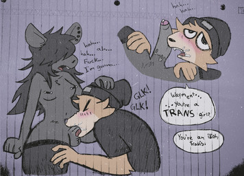anthro anthro_on_anthro anthro_penetrated anthro_penetrating anthro_penetrating_anthro balls barbell_piercing beanie black_beanie black_clothing black_hat black_headwear black_legwear black_shirt black_t-shirt black_thigh_highs black_topwear blush bodily_fluids breasts breathing clothing cum cum_in_mouth cum_inside duo ear_piercing ear_stud erection fellatio foreskin fur genital_fluids genitals glk grey_body grey_fur grey_hair gynomorph gynomorph/male gynomorph_anthro gynomorph_penetrating gynomorph_penetrating_male hair hair_over_eyes hand_on_head hand_on_leg hand_on_partner's_head hand_on_partner's_thigh hand_on_thigh hat headgear headwear humanoid_genitalia humanoid_hands humanoid_penis intersex intersex/male intersex_anthro intersex_penetrating intersex_penetrating_male laugh legwear legwear_only looking_pleasured male male_anthro male_penetrated medium_breasts mostly_nude nipple_barbell nipple_piercing nipples onomatopoeia open_mouth oral oral_penetration penetration penile penile_penetration penis penis_in_mouth piercing profanity saliva saliva_on_penis sex shirt sound_effects speech_bubble spread_legs spreading stockings stockings_only t-shirt tan_body tan_fur text thick_thighs thigh_highs topwear critteremitter critter_(critteremitter) travis_(critteremitter) mammal murid murine rat rodent 2025 digital_media_(artwork) digital_painting_(artwork) english_text hi_res painting_(artwork) traditional_media_(artwork) trans_(lore) trans_woman_(lore)