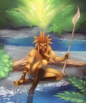 amazon anthro beak body_modification bone bottomless breasts clothed clothing detailed_background female forest glaive jungle mastectomy_scar melee_weapon missing_breast non-mammal_breasts outside plant polearm rainforest river scar solo spear tree uniboob weapon ryukyur avian bird 2010