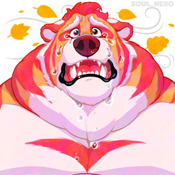 anthro bodily_fluids brown_eyes chest_markings crying ears_down fur hair leaf male markings multicolored_body multicolored_fur neck_tuft open_mouth orange_body orange_fur overweight overweight_anthro overweight_male pecs pivoted_ears red_hair red_stripes solo stripes tears teeth text tuft white_body white_fur wind soul_nero tora_(soul_nero) bear felid hybrid mammal pantherine tiger ursine 1:1 2026 absurd_res artist_name bust_portrait hi_res portrait