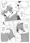 anthro black_and_white blush butt canid canine censor_bar censored clothed clothing comic dialogue duo english_text fully_clothed happy hi_res inakagurashi inner_ear_fluff internal kemono male mammal monochrome open_mouth procyonid raccoon smile surprise text toy tuft young young_anthro