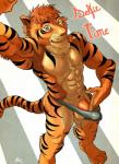 abs anthro balls blue_eyes chest_tuft clothed clothing countershading digitigrade ear_piercing erection erection_under_clothing fur genitals high-angle_view looking_at_viewer looking_up male neck_tuft nipples orange_body orange_fur pecs penis piercing pose selfie skimpy solo stripes tenting topless tuft negy faust_tigre felid mammal pantherine tiger 2015 hi_res