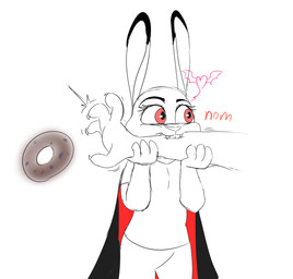 anthro bite biting_another buckteeth cape clothed clothing dessert disembodied_hand doughnut duo fangs female food fully_clothed heart_symbol pastry simple_background teeth white_background spoof_(artist) disney zootopia judy_hopps lagomorph leporid mammal rabbit vampire 2020 hi_res