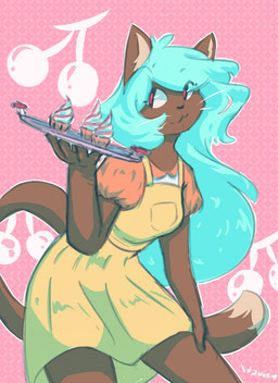 5_fingers anthro blue_hair brown_body clothing cupcake dress female fingers food hair long_hair looking_aside pattern_background simple_background smile solo whiskers trololohstuffs domestic_cat felid feline felis mammal 2019 hi_res