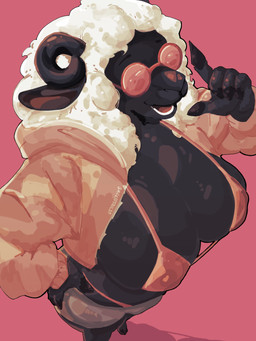 anthro big_breasts breasts clothed clothing curved_horn eyewear female fur glasses hoodie horn huge_breasts one-piece_swimsuit open_clothing open_hoodie open_topwear pose simple_background sling_bikini smile solo standing swimwear text topwear wide_hips wool_(fur) smokedsoul35 betty_sheep_(smokedsoul35) bovid caprine domestic_sheep mammal sheep digital_media_(artwork) hi_res