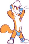 anthro blep blue_clothing blue_eyes blue_footwear blue_shoes blue_thong blue_underwear bulge clothing footwear fur hair hands_behind_back male orange_body orange_fur shoes simple_background solo standing teeth_showing thong tongue tongue_out underwear whiskers white_background white_body white_fur white_hair goronic domestic_ferret mammal mustelid musteline true_musteline weasel digital_media_(artwork) full-length_portrait hi_res portrait