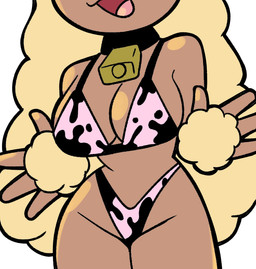 animal_print anthro big_breasts bikini breasts brown_body clothing collar cow_print female female_anthro smile solo swimwear thick_thighs two-piece_swimsuit mr_harinezumi nintendo pokemon generation_4_pokemon lagomorph lopunny mammal pokemon_(species) hi_res