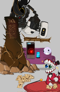 1_eye ambiguous_gender brown_speech_bubble brown_text cellphone electronics eyebrows female furniture glowing glowing_eyes grey_background group heterochromia holding_object holding_pencil living_phone machine male not_furry not_furry_focus on_model on_sofa pencil_(object) phone purple_sofa raised_eyebrow red_eyes red_pencil shadow sharp_teeth simple_background sitting sitting_on_sofa smartphone sofa sparkles sparkling_eyes teeth text yellow_eyes viniwuz 2001:_a_space_odyssey glitch_productions i_have_no_mouth_and_i_must_scream portal_(series) the_amazing_digital_circus the_mitchells_vs_the_machines valve am_(ihnmaims) caine_(tadc) glados hal_9000 pal_(the_mitchells_vs_the_machines) living_machine robot 2025 crossover digital_drawing_(artwork) digital_media_(artwork) english_text hi_res portuguese_description portuguese_text translated translated_description