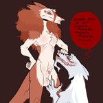 animal_genitalia annoyed anthro balls begging begging_pose blood bodily_fluids brown_background dialogue dominant dominant_anthro dominant_male duo eye_bags fully_sheathed fur genitals grey_body grey_fur hair hand_on_leg hand_on_thigh long_hair male male/male nosebleed open_mouth pose red_body red_fur sheath simple_background speech_bubble submissive submissive_anthro submissive_male tan_body tan_fur text white_hair wounded hamham_gd eek_(hamham_gd) gaikotsu_(hamham_gd) sergal english_text hi_res