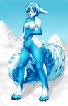 2013 anthro blue_body blue_fur breasts canid canine digitigrade featureless_breasts female fluffy fluffy_tail fur mammal navel outside pacmancorp red_eyes red_nose snow solo tail white_body white_fur