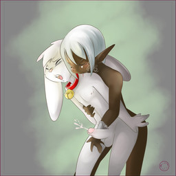 anthro balls bell bodily_fluids collar cum cumshot duo ejaculation erection eyes_closed genital_fluids genitals humanoid_pointy_ears male nude orgasm penis pink_nose pointy_ears standing harumi kevin_snowpaw elf humanoid lagomorph leporid mammal rabbit vampire 1:1 2014 digital_media_(artwork) hi_res