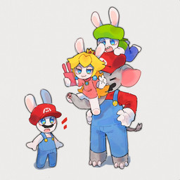 3_toes 4_fingers after_transformation alternate_species amazed anthro backwards_hat bent_arm bent_leg big_ears biped black_facial_hair black_mustache blonde_hair blue_clothing blue_eyes blue_overalls buckteeth button_(fastener) cellphone closed_smile clothing crown electronics eyes_closed facial_hair featureless_legs feet female fingers flat_chested fur gem gesture green_clothing green_hat green_headwear green_shirt green_topwear grey_body grey_skin group hair hand_gesture hand_on_own_head hands_on_own_hips hat headgear headwear holding_cellphone holding_object holding_phone larger_anthro larger_male lidded_eyes light long_ears looking_at_another male mitten_hands mouth_closed mustache no_pupils noseless open_mouth overalls pawpads phone pink_clothing pink_shirt pink_tongue pink_topwear proboscis_(anatomy) red_clothing red_hat red_headwear red_shirt red_topwear ruby_(gem) shirt shirtless_anthro shirtless_male simple_background sitting sitting_on_another sitting_on_trunk size_difference smaller_anthro smaller_female smaller_male smile straight_legs taking_picture taking_selfie tan_eyelids tan_inner_ear tan_pawpads teeth toes tongue topwear trunk_(anatomy) v_sign white_background white_body white_fur renballball mario_bros mario_plus_rabbids_kingdom_battle mario_plus_rabbids_sparks_of_hope nintendo raving_rabbids rayman_(series) super_mario_bros_wonder ubisoft elephant_mario mario rabbid_luigi rabbid_mario rabbid_peach elephant elephantid lagomorph mammal proboscidean rabbid 1:1 2024 colored crossover digital_drawing_(artwork) digital_media_(artwork) lighting shaded
