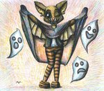 anthro bat_wings ber big_ears blue_eyes bottomwear cape clothing costume ear_piercing ear_ring fangs female halloween_costume holidays leggings legwear membrane_(anatomy) membranous_wings one_eye_closed pattern_bottomwear pattern_clothing pattern_legwear piercing pink_nose raised_arm ring_piercing short_tail smile solo striped_bottomwear striped_clothing striped_legwear stripes tail teeth tights vampire_costume winged_arms wings wink modestwold halloween lucille_(modestwold) bat ghost mammal spirit vampire traditional_media_(artwork)