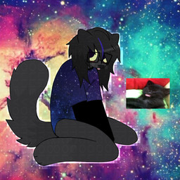 ahoge anthro black_hair blep bottomless bottomless_anthro clothed clothing cosmic_background cowlick eyewear female fluffy fluffy_tail glasses hair highlights_(coloring) layered_clothing rectangular_glasses scene_haircut sitting solo tail tongue tongue_out young vomitcollie domestic_cat felid feline felis mammal 1:1 hi_res