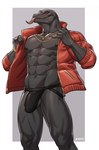 anthro balls black_body bulge clothed clothing forked_tongue genitals grey_body grey_scales jacket jewelry jockstrap male muscular muscular_anthro muscular_male necklace nipples open_clothing open_jacket open_topwear partially_clothed partially_visible_genitals pecs red_clothing red_eyes red_jacket red_topwear scales solo standing tongue tongue_out topwear underwear amon-sydonai epic_games fortnite thunder_(fortnite) komodo_dragon lizard monitor_lizard reptile scalie hi_res