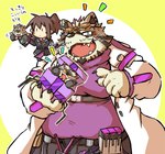 anthro belly belt blush box brown_hair clothing coat container duo eyewear gift_box goggles hair lab_coat male moobs overweight overweight_male ponytail topwear okudami lifewonders live_a_hero viscunam human mammal procyonid raccoon