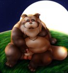 anthro balls belly brown_body brown_fur erection eyes_closed fur genitals kemono male masturbation moobs moon night nipples outside overweight overweight_anthro overweight_male penis sitting solo norataro canid canine mammal raccoon_dog tanuki 2006 censored mosaic_censorship