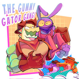 anthro arms_tied biceps blush bound candy captured clothed clothing dessert food group gummy_(food) hat headgear headwear male muscular muscular_anthro muscular_male open_mouth overalls pecs purple_body smile text estudioblue glitch_productions the_amazing_digital_circus chad_(tadc) gummigoo_(tadc) jax_(tadc) max_(tadc) crocodilian food_creature gummy_creature lagomorph leporid living_candy mammal rabbit reptile scalie 1:1 english_text hi_res