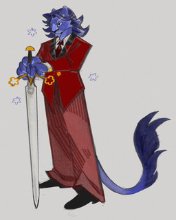 5_fingers anthro black_clothing black_footwear black_shoes blue_body blue_fur blue_hair blue_tail claws claymore clothing facial_tuft fingers flower footwear forget-me-not_(flower) fur hair male melee_weapon necktie plant red_clothing red_necktie red_suit shoes simple_background solo suit sword tail tuft weapon white_background ezlo_x_(artist) valleyos callan_dion felid lion mammal pantherine colored digital_drawing_(artwork) digital_media_(artwork) hi_res trans_(lore) trans_man_(lore)