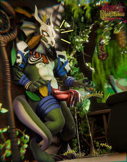 animal_genitalia anthro bodily_fluids bone bone_mask bottle bottomwear cauldron claws clothed clothing container erection feathers forest genital_fluids genitals green_body inside jungle loincloth male mask onomatopoeia partially_clothed peeing peeing_on_ground peeing_through_clothing penis plant potion potion_bottle skull skull_mask solo sound_effects staff standing surprised tail text throbbing throbbing_penis tree urine urine_on_ground urine_pool urine_stream vines watersports wetting potatotime briganfi_(modeler) terraria witch_doctor_(terraria) lihzahrd scalie 3d_(artwork) blender_(artwork) digital_media_(artwork) hi_res watermark