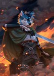 anthro black_nose blue_body blue_eyes blue_fur blue_hair clothed clothing eyelashes fire front_view fur glistening glistening_eyes hair holding_melee_weapon holding_object holding_sword holding_weapon looking_at_viewer male melee_weapon outside short_hair smoke solo standing sword weapon white_body white_fur marie_merkh canid mammal hi_res portrait three-quarter_portrait