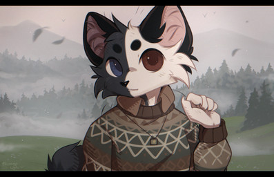 ambiguous_anthro ambiguous_gender anthro black_ears black_nose blue_eyes brown_eyes cheek_tuft clothing facial_tuft fog front_view fur grey_body grey_fur heterochromia inner_ear_fluff jewelry leaf looking_at_viewer necklace outside pink_inner_ear_fluff plant solo sweater topwear tree tuft white_body white_fur bloominglynx felid mammal hi_res letterbox signature