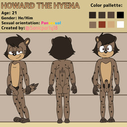 anthro balls biped brown_body brown_eyes butt color_swatch countershade_face countershade_torso countershading foreskin genitals iris male markings nude nude_male penile penis pronouns pubes pupils solo spots spotted_body stated_age stated_pansexuality stated_pronouns stated_sexuality tail text supersonicparty18 sega sonic_the_hedgehog_(series) fan_character howard_(supersonicparty18) hyena mammal 1:1 character_name english_text hi_res model_sheet species_name