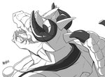 anthro broken_tusk clothed clothing egg horn jewelry male open_mouth pendant solo wings hijirinoyuta lifewonders mythology tokyo_afterschool_summoners ophion_(tas) dragon mythological_creature mythological_scalie scalie 2021 monochrome signature