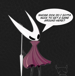 ambiguous_gender asking asking_who black_body black_eyes black_skin bodily_fluids clothing dialogue dress duo female horn humor mouthless pattern_background profanity question simple_background speech_bubble teardrop tears text weapon cung hollow_knight_(franchise) team_cherry background_character hornet_(hollow_knight) the_knight_(hollow_knight) arthropod humanoid insect vessel_(species) digital_media_(artwork) english_text