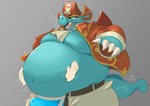 anthro belly belly_rub big_belly blue_body blush bodily_fluids bulge clothing duo genital_fluids hat headgear headwear kemono male navel obese obese_male overweight overweight_male pirate_hat precum solo_focus tail underwear 2yakitori2 mythology sega wonder_boy:_the_dragon's_trap wonder_boy_(series) captain_dragon dragon mythological_creature mythological_scalie scalie 2022 hi_res