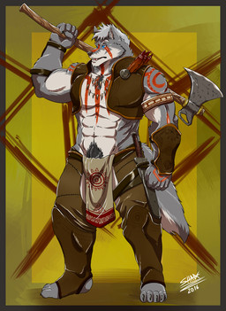 abs anthro armband armor axe battle_axe biceps biped blood blue_eyes bodily_fluids bodypaint bottomwear bracers brooch chest_tuft claws clothed clothing face_paint facial_paint fur greaves grey_body grey_fur hair jewelry leather leather_armor loincloth male melee_weapon muscular muscular_anthro muscular_male necklace open_mouth pecs pubes pubes_exposed scabbard simple_background solo standing teeth tribal trophy_necklace tuft weapon white_body white_fur shade_the_wolf canid canine canis mammal wolf 2016 hi_res signature