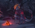 2022 4_toes 5_fingers anthro clothed clothing detailed_background digital_media_(artwork) dragon feet fingers fire hair koul male mythological_creature mythological_scalie mythology night orange_hair outside red_eyes scalie smile snow solo tail toes wingless_dragon