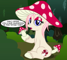asking asking_viewer blue_eyes cutie_mark dialogue eyeshadow female forest fungus hooves looking_at_viewer makeup mushroom offering_to_viewer pink_eyes plant question red_eyeshadow sitting solo speech_bubble talking_to_viewer text tree yes-no_question badumsquish hasbro my_little_pony equid equine horse hybrid mammal monster pony english_text hi_res