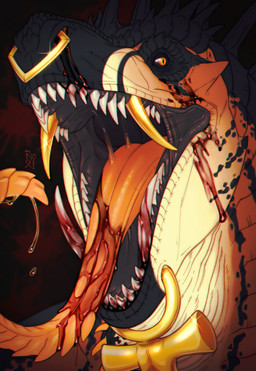 action_pose anthro black_body black_scales black_sclera blood blood_on_face blood_on_tongue bodily_fluids chin_piercing dripping drooling facial_piercing glistening glistening_eyes gold_(metal) gold_tooth logo male mouth_shot nose_piercing nose_ring nosebleed open_mouth orange_body orange_eyes piercing pose pupils ring_piercing saliva saliva_drip scales septum_piercing septum_ring sharp_teeth simple_background slit_pupils solo teeth yellow_body riorix mythology dragon mythological_creature mythological_scalie scalie 2022 artist_logo bust_portrait chromatic_aberration dated hi_res portrait