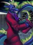 2019 anthro brown_eyes city clothed clothing detailed_background digital_media_(artwork) dragon exposure_variation green_hair hair hi_res horn kuroame male mythological_creature mythological_scalie mythology night outside scalie smile solo standing tail teeth