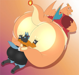 anthro belly big_butt blue_body blush bottom_heavy bottomless bottomwear bubble_butt butt clothed clothing duo face_in_ass facial_piercing fire flaming_tail huge_butt huge_hips hyper hyper_butt lying male male/male nose_piercing nose_ring on_front orange_body overweight overweight_anthro overweight_male piercing red_clothing red_shirt red_topwear ring_piercing shirt shorts size_difference stinkface tail thick_thighs topwear torn_clothing torn_shirt torn_topwear wide_hips wings megacoolbear nintendo pokemon brutus_(megacoolbear) charizard generation_1_pokemon generation_4_pokemon lucario pokemon_(species) digital_media_(artwork) hi_res