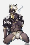 absurd_res anthro bulge cigarette clothed clothing demon english_text felid feline hi_res male mammal midnight_blue muscular muscular_anthro muscular_male obsidian_(midnight_blue) smoke solo summer text underwear