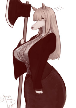 anthro axe bangs big_breasts biped blonde_hair blush bottomwear breasts cardigan clothed clothing female frilly fully_clothed group hair holding_axe holding_object holding_weapon long_hair looking_at_viewer melee_weapon nervous paws skirt solo solo_focus standing weapon h_(158cm) kemofujin_(comic) kemofujin canid canine canis domestic_dog hunting_dog mammal absurd_res hi_res portrait three-quarter_portrait
