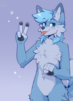4_fingers anthro black_pawpads blep blue_body blue_eyes blue_fur blue_hair blush cheek_tuft collarbone curled_tail eyebrows facial_tuft fingers fur gesture hair hand_gesture inner_ear_fluff looking_away male medium_hair navel nude pawpads raised_eyebrows simple_background snout solo tail tongue tongue_out tuft v_sign fleurfurr canid canine mammal cel_shading colored colored_sketch digital_drawing_(artwork) digital_media_(artwork) hi_res shaded sketch