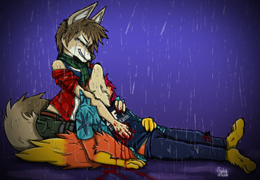 anthro blood bodily_fluids brown_body brown_fur brown_hair duo female fur grey_body grey_fur hair male orange_body orange_fur post-apocalyptic purple_hair raining tan_body tan_fur tears water wounded yellow_body yellow_fur ziegelzeig bad_guy_cafe aliya_sari_(readerno31142) fire_(firefox) canid canine corsac_fox fox mammal true_fox 2024