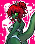 anthro bikini butt clothed clothing female green_body green_eyes green_skin hair nipple_slip rear_view red_hair skimpy skimpy_bikini solo swimwear two-piece_swimsuit cyvor dinosaur dromaeosaurid lizardman prehistoric_species reptile scalie theropod velociraptor hi_res