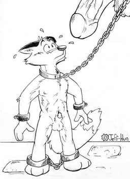 animal_genitalia anthro balls bdsm bondage bound chain chained collar dominant dominant_male duo genitals half-erect humanoid_genitalia humanoid_penis macro male male/male nude penis penis_tip sheath simple_background solo_focus submissive submissive_male white_background leafdubois canid canine fox mammal compression_artifacts monochrome traditional_media_(artwork)