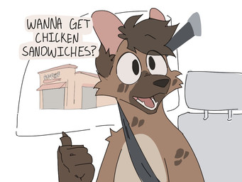 anthro brown_body brown_fur car car_interior cheek_tuft dialogue facial_tuft fur inside_car inside_vehicle open_mouth question seat_belt solo text tuft vehicle mangoyena hyena mammal 2023 4:3 digital_media_(artwork) english_text