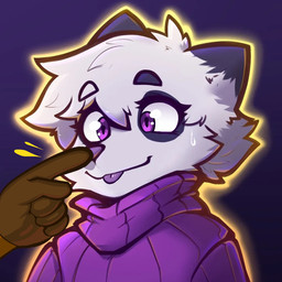 5_fingers ambiguous_gender anthro bar_emanata biped blep bodily_fluids boop brown_body brown_fur clothed clothed_ambiguous clothed_anthro clothing duo emanata eyebrows fingers front_view fur hair looking_at_another male mismatched_eyebrows mostly_offscreen_character mostly_offscreen_male nose_boop purple_clothing purple_eyes purple_nose purple_sweater purple_tongue purple_topwear simple_background smile solo sweat sweatdrop sweater tongue tongue_out topwear white_body white_fur conditional_dnp mewgle teckworks dust_(mewgle) percy_(teckworks) arctic_fox canid canine domestic_cat felid feline felis fox mammal siamese_cat true_fox 1:1 2026 nonbinary_(lore)