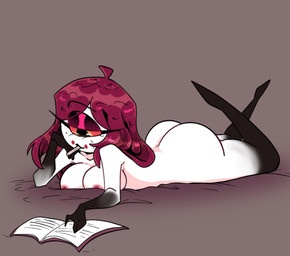 1_eye big_breasts big_butt blush book breasts butt fangs female genitals hair nipples nude open_mouth open_smile red_hair simple_background smile solo teeth thick_thighs white_body whiteartblood hazbin_hotel hellaverse niffty_(hazbin_hotel) cyclops demon demon_humanoid humanoid hi_res