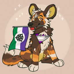blep brown_body brown_fur brown_hair eye_patch eyewear fangs feral flag fur hair happy highlights_(coloring) kerchief lgbt_pride male mouth_hold orange_body orange_eyes orange_fur quadruped round_ears simple_background sitting smile solo sparkles spots teeth tongue tongue_out white_body white_fur yellow_body yellow_fur harborsorts lgbt_pride_month braxton african_wild_dog canid canine canis domestic_dog mammal hi_res
